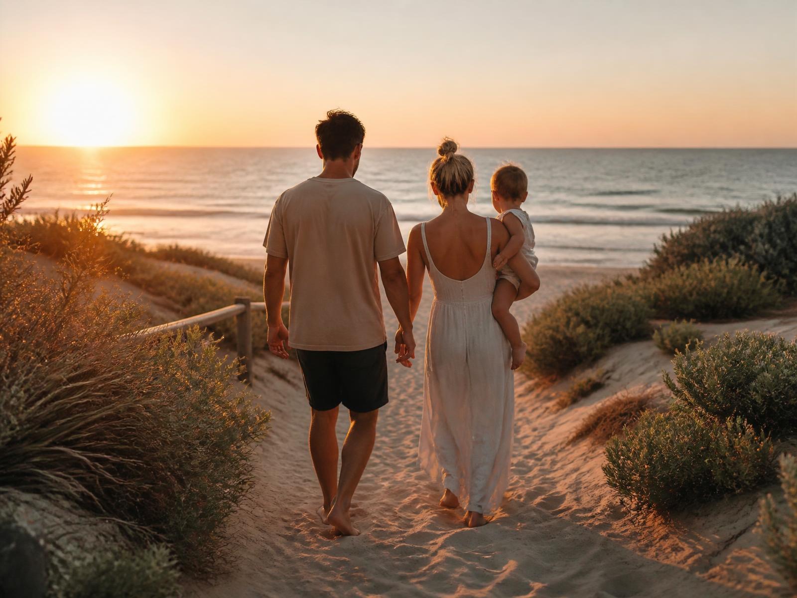 Family walking on a Perth beach at sunset